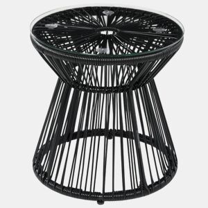 Outsunny Mesa Auxiliar de Vime Sintético Mesa de Centro Redonda com Bancada de Vidro Temperado e Estrutura de Metal Carga Máxima 30 kg para Pátio Jardim Varanda Ø40x42 cm Preto