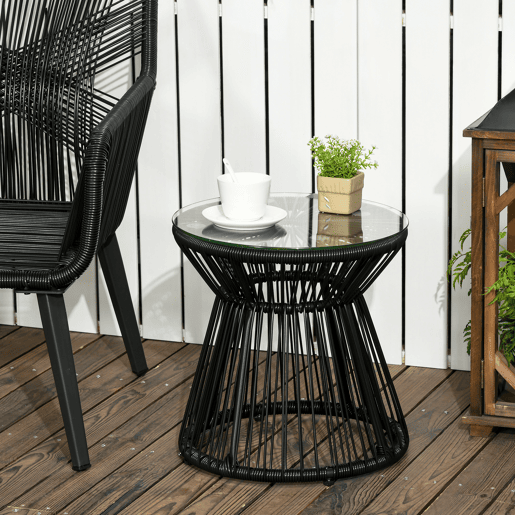 Outsunny Mesa Auxiliar de Vime Sintético Mesa de Centro Redonda com Bancada de Vidro Temperado e Estrutura de Metal Carga Máxima 30 kg para Pátio Jardim Varanda Ø40x42 cm Preto