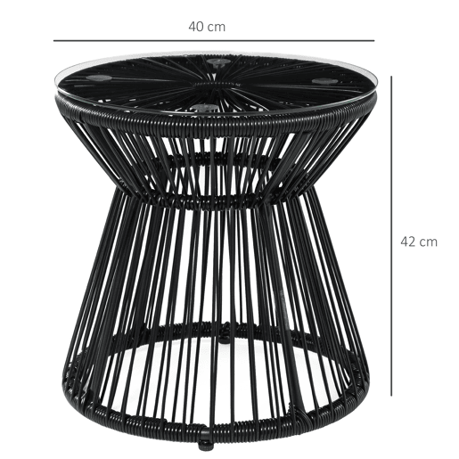 Outsunny Mesa Auxiliar de Vime Sintético Mesa de Centro Redonda com Bancada de Vidro Temperado e Estrutura de Metal Carga Máxima 30 kg para Pátio Jardim Varanda Ø40x42 cm Preto