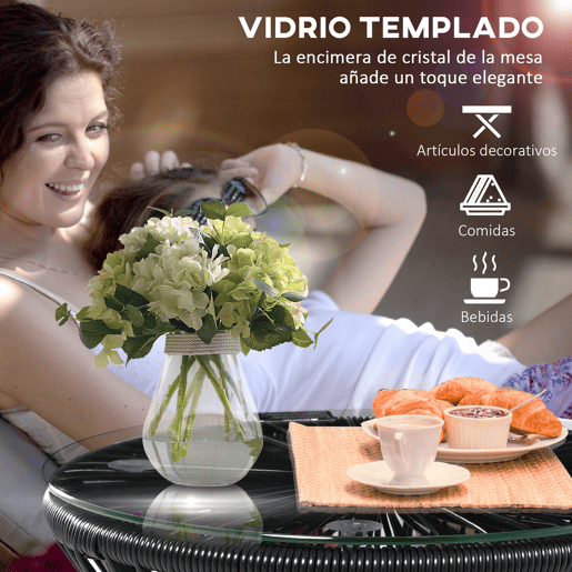 Outsunny Mesa Auxiliar de Vime Sintético Mesa de Centro Redonda com Bancada de Vidro Temperado e Estrutura de Metal Carga Máxima 30 kg para Pátio Jardim Varanda Ø40x42 cm Preto