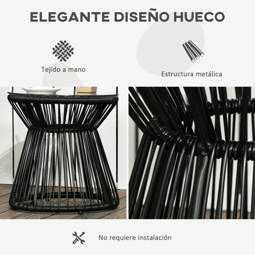 Outsunny Mesa Auxiliar de Vime Sintético Mesa de Centro Redonda com Bancada de Vidro Temperado e Estrutura de Metal Carga Máxima 30 kg para Pátio Jardim Varanda Ø40x42 cm Preto