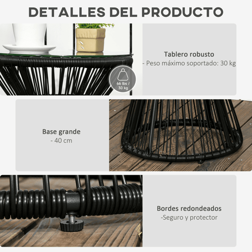Outsunny Mesa Auxiliar de Vime Sintético Mesa de Centro Redonda com Bancada de Vidro Temperado e Estrutura de Metal Carga Máxima 30 kg para Pátio Jardim Varanda Ø40x42 cm Preto