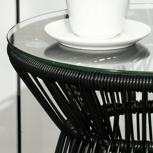 Outsunny Mesa Auxiliar de Vime Sintético Mesa de Centro Redonda com Bancada de Vidro Temperado e Estrutura de Metal Carga Máxima 30 kg para Pátio Jardim Varanda Ø40x42 cm Preto