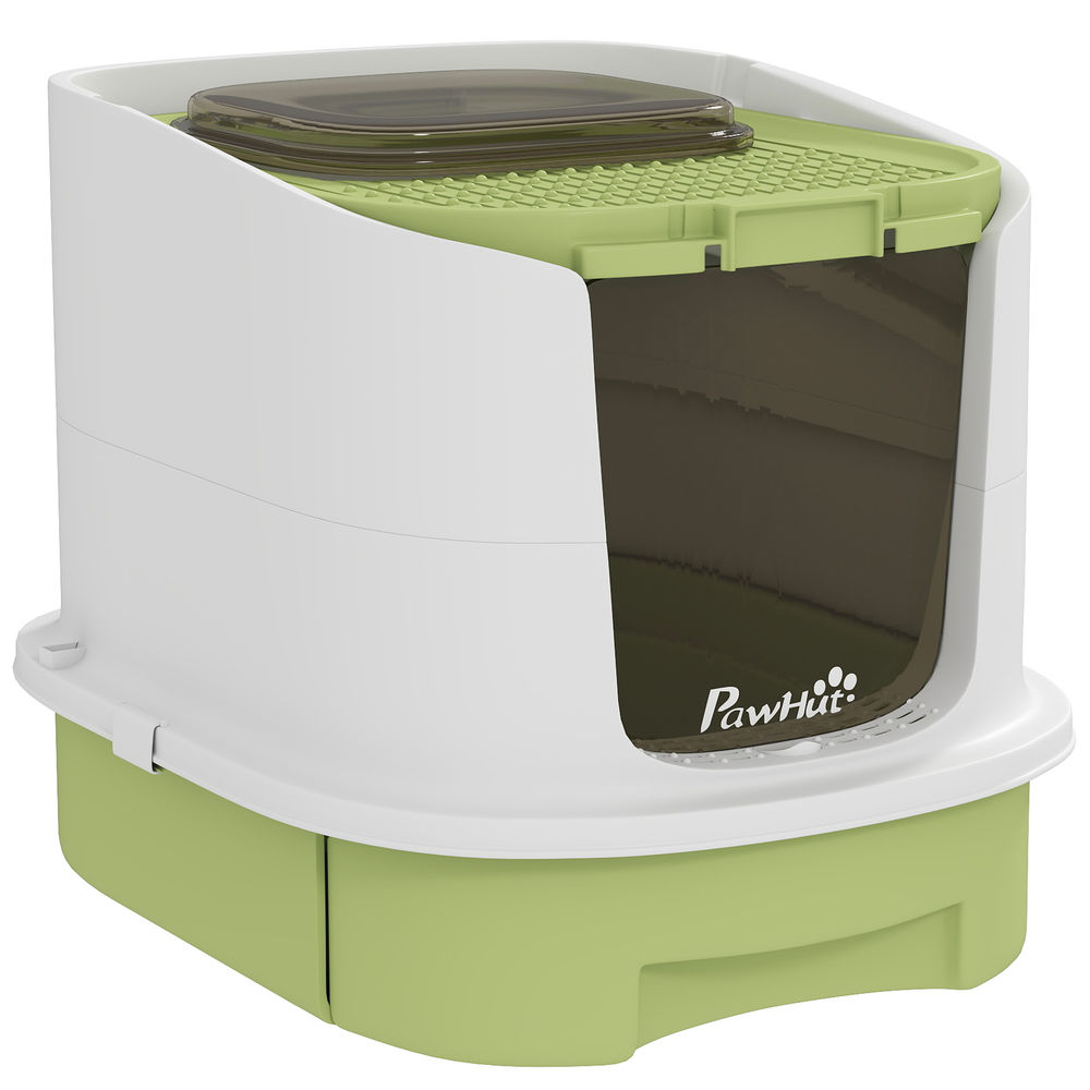 Pawhut arenero para gatos cubierto caja de arena para gatos arenero cerrado con entrada frontal salida superior tapa removible bandeja extraíble y pala 40,5x52,5x42,5 cm blanco y verde