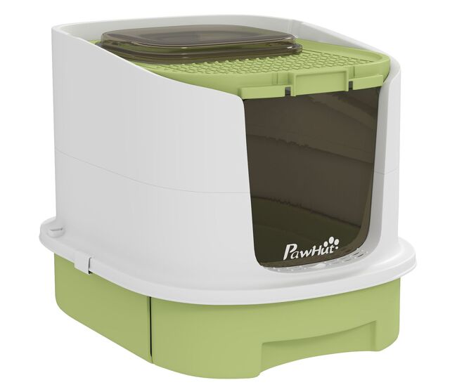 Pawhut arenero para gatos cubierto caja de arena para gatos arenero cerrado con entrada frontal salida superior tapa removible bandeja extraíble y pala 40,5x52,5x42,5 cm blanco y verde