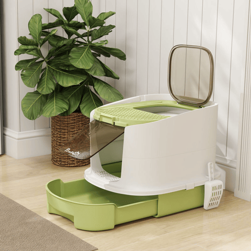 PawHut Caixa de Areia para Gatos Fechada Caixa de Areia para Gatos com Entrada Frontal Saída Superior Tampa Amovível Bandeja e Pá 40,5x52,5x42,5 cm Verde