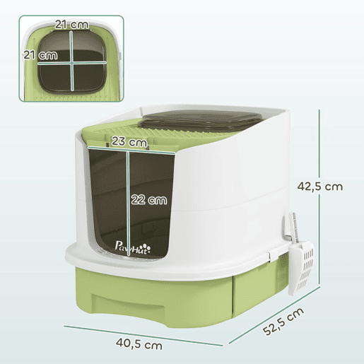 PawHut Caixa de Areia para Gatos Fechada Caixa de Areia para Gatos com Entrada Frontal Saída Superior Tampa Amovível Bandeja e Pá 40,5x52,5x42,5 cm Verde