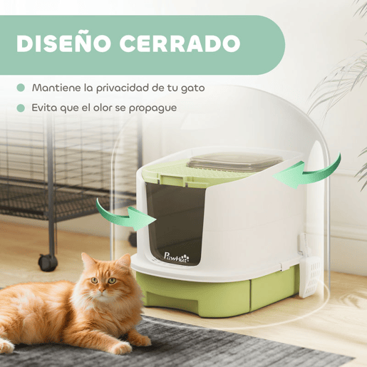 PawHut Caixa de Areia para Gatos Fechada Caixa de Areia para Gatos com Entrada Frontal Saída Superior Tampa Amovível Bandeja e Pá 40,5x52,5x42,5 cm Verde