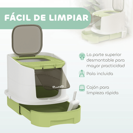 PawHut Caixa de Areia para Gatos Fechada Caixa de Areia para Gatos com Entrada Frontal Saída Superior Tampa Amovível Bandeja e Pá 40,5x52,5x42,5 cm Verde