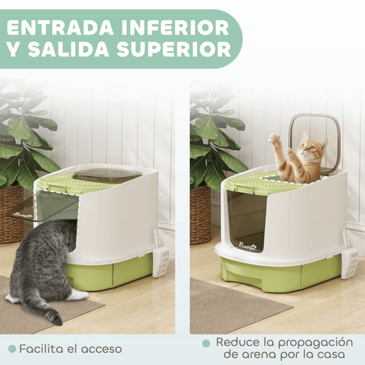 PawHut Caixa de Areia para Gatos Fechada Caixa de Areia para Gatos com Entrada Frontal Saída Superior Tampa Amovível Bandeja e Pá 40,5x52,5x42,5 cm Verde