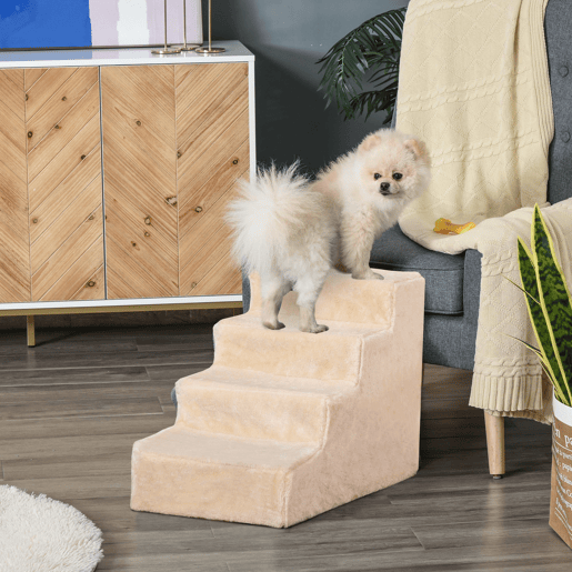 PawHut Escada para Animais de Estimação com 4 Degraus 2 em 1 com Capa Removível e Lavável Escada para Cães Gatos Carga 30kg 60x35x44 cm Bege