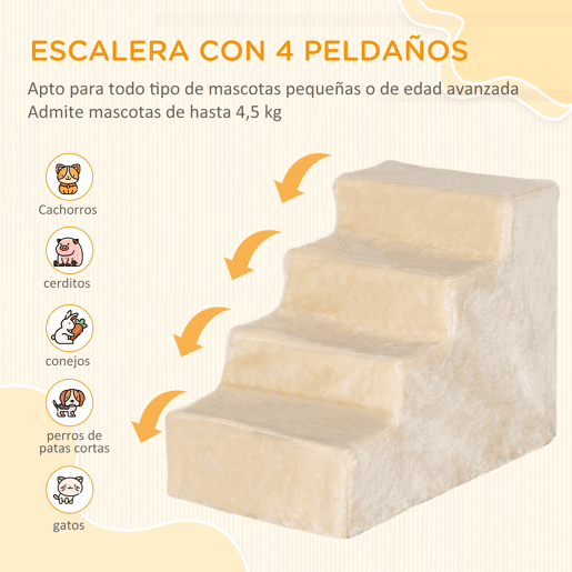PawHut Escada para Animais de Estimação com 4 Degraus 2 em 1 com Capa Removível e Lavável Escada para Cães Gatos Carga 30kg 60x35x44 cm Bege