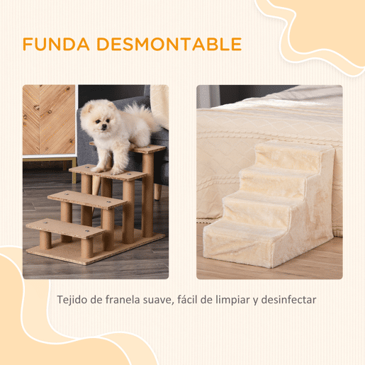 PawHut Escada para Animais de Estimação com 4 Degraus 2 em 1 com Capa Removível e Lavável Escada para Cães Gatos Carga 30kg 60x35x44 cm Bege
