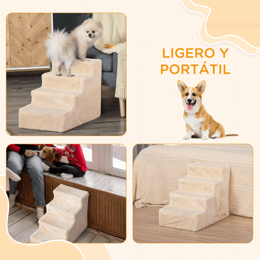 PawHut Escada para Animais de Estimação com 4 Degraus 2 em 1 com Capa Removível e Lavável Escada para Cães Gatos Carga 30kg 60x35x44 cm Bege