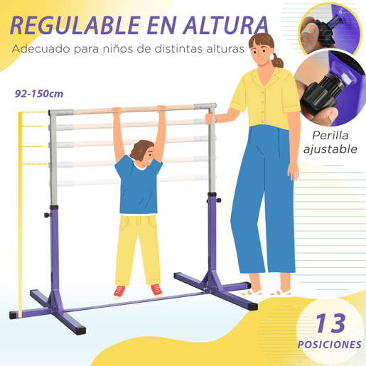 HOMCOM Barra de Ginástica para Crianças acima de 3 Anos Barra de Treino com Altura Ajustável 92-150 cm Barra Horizontal de Ginástica Carga 75 kg 194x121x150 cm Roxo