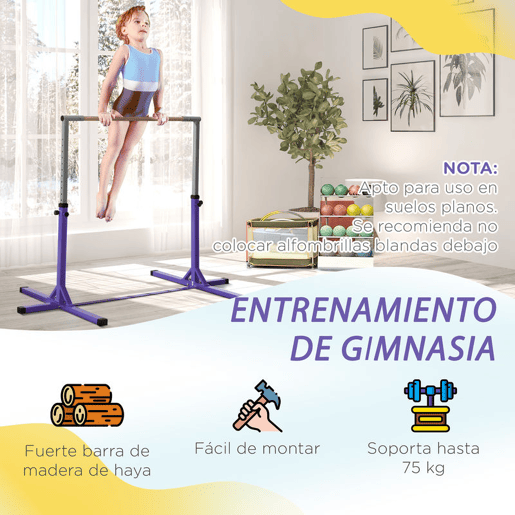 HOMCOM Barra de Ginástica para Crianças acima de 3 Anos Barra de Treino com Altura Ajustável 92-150 cm Barra Horizontal de Ginástica Carga 75 kg 194x121x150 cm Roxo
