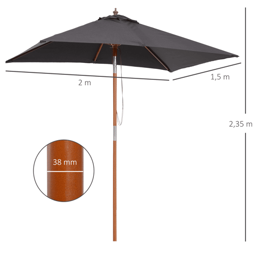 Outsunny Chapéu de Sol de Jardim 200x150x230 cm Chapéu de Sol Retangular Inclinável com Polia Duplo Teto e Mastro Desmontável de Madeira para Terraço Pátio Cinzento Escuro
