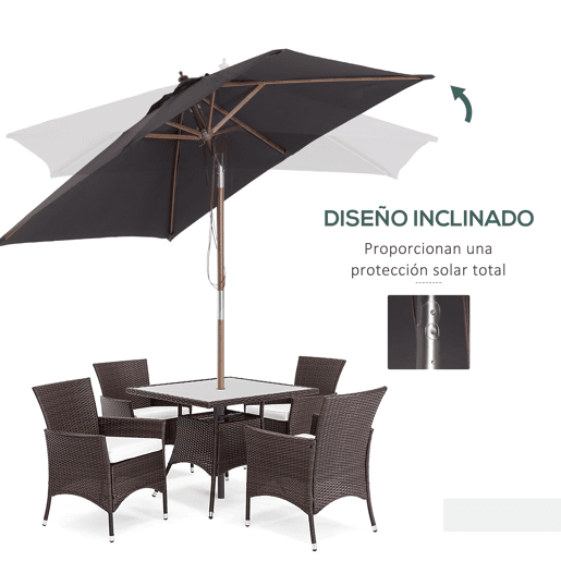 Outsunny Chapéu de Sol de Jardim 200x150x230 cm Chapéu de Sol Retangular Inclinável com Polia Duplo Teto e Mastro Desmontável de Madeira para Terraço Pátio Cinzento Escuro