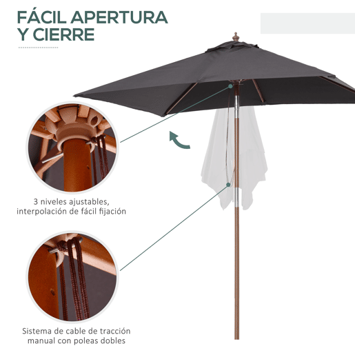 Outsunny Chapéu de Sol de Jardim 200x150x230 cm Chapéu de Sol Retangular Inclinável com Polia Duplo Teto e Mastro Desmontável de Madeira para Terraço Pátio Cinzento Escuro