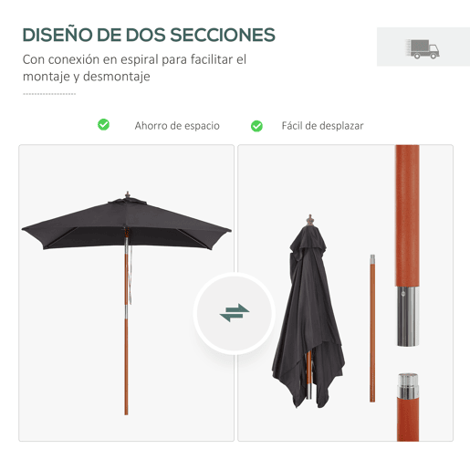 Outsunny Chapéu de Sol de Jardim 200x150x230 cm Chapéu de Sol Retangular Inclinável com Polia Duplo Teto e Mastro Desmontável de Madeira para Terraço Pátio Cinzento Escuro