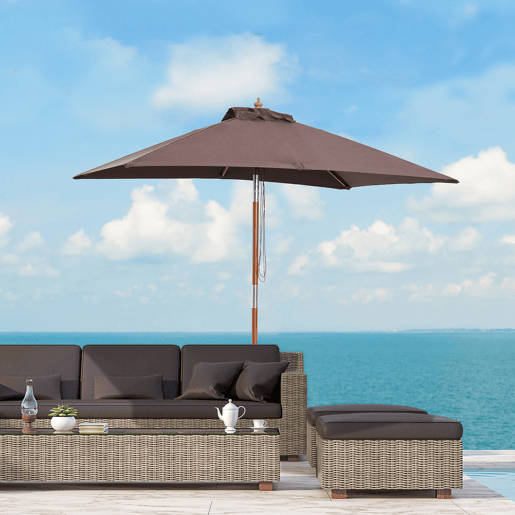 Outsunny Chapéu de Sol de Jardim 200x150x230 cm Chapéu de Sol Retangular Inclinável com Polia Duplo Teto e Mastro Desmontável de Madeira para Terraço Pátio Marrom