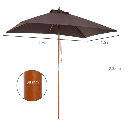 Outsunny Chapéu de Sol de Jardim 200x150x230 cm Chapéu de Sol Retangular Inclinável com Polia Duplo Teto e Mastro Desmontável de Madeira para Terraço Pátio Marrom