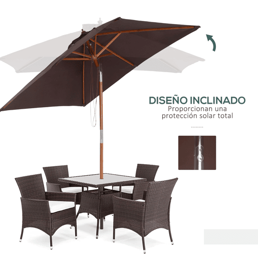 Outsunny Chapéu de Sol de Jardim 200x150x230 cm Chapéu de Sol Retangular Inclinável com Polia Duplo Teto e Mastro Desmontável de Madeira para Terraço Pátio Marrom