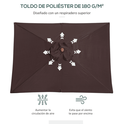 Outsunny Chapéu de Sol de Jardim 200x150x230 cm Chapéu de Sol Retangular Inclinável com Polia Duplo Teto e Mastro Desmontável de Madeira para Terraço Pátio Marrom