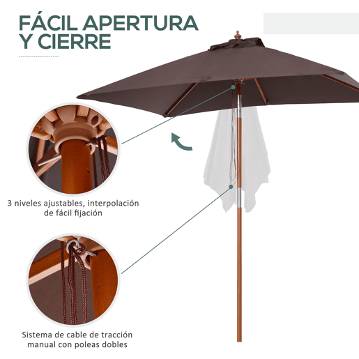 Outsunny Chapéu de Sol de Jardim 200x150x230 cm Chapéu de Sol Retangular Inclinável com Polia Duplo Teto e Mastro Desmontável de Madeira para Terraço Pátio Marrom