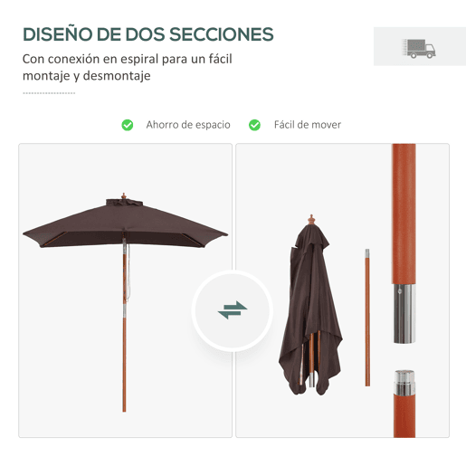 Outsunny Chapéu de Sol de Jardim 200x150x230 cm Chapéu de Sol Retangular Inclinável com Polia Duplo Teto e Mastro Desmontável de Madeira para Terraço Pátio Marrom