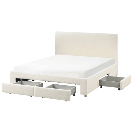 Cama com gavetas de arrumação Bouclé SOUTRIN 160 x 200 cm Branco creme