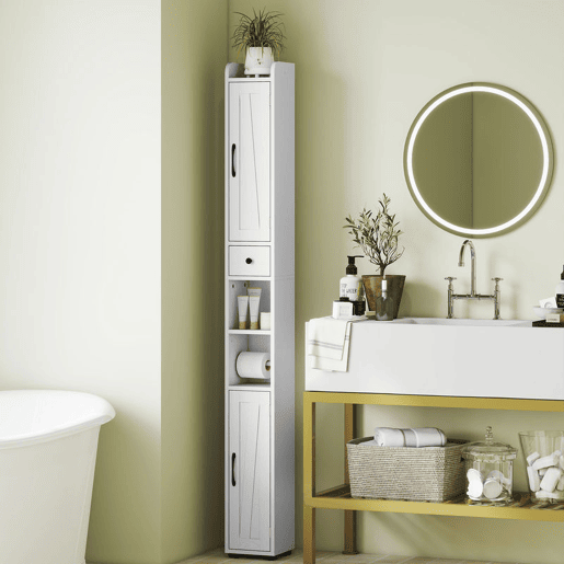 HOMCOM Coluna Casa de Banho Móvel Casa de Banho com 2 Portas gaveta Compartimento Aberto Prateleiras Ajustáveis e Suporte para Papel Higiênico Armário Casa de Banho Rústico 20x20x185 cm Branco