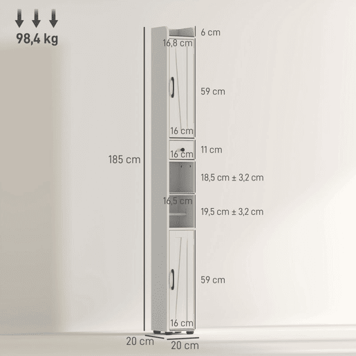 HOMCOM Coluna Casa de Banho Móvel Casa de Banho com 2 Portas gaveta Compartimento Aberto Prateleiras Ajustáveis e Suporte para Papel Higiênico Armário Casa de Banho Rústico 20x20x185 cm Branco