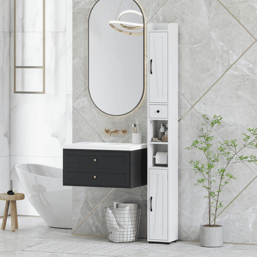 HOMCOM Coluna Casa de Banho Móvel Casa de Banho com 2 Portas gaveta Compartimento Aberto Prateleiras Ajustáveis e Suporte para Papel Higiênico Armário Casa de Banho Rústico 20x20x185 cm Branco