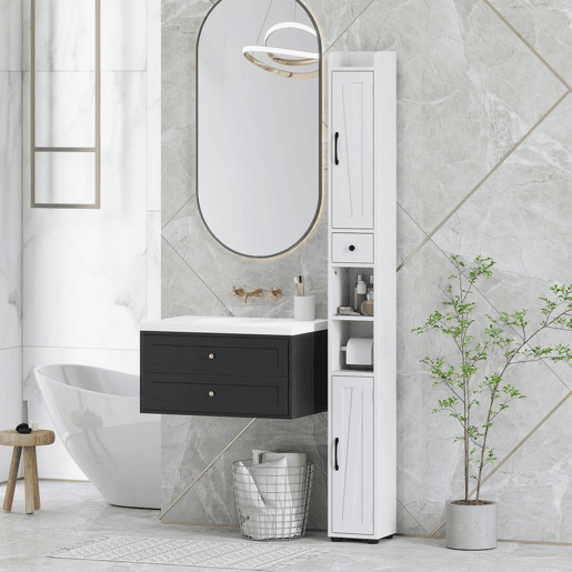 HOMCOM Coluna Casa de Banho Móvel Casa de Banho com 2 Portas gaveta Compartimento Aberto Prateleiras Ajustáveis e Suporte para Papel Higiênico Armário Casa de Banho Rústico 20x20x185 cm Branco