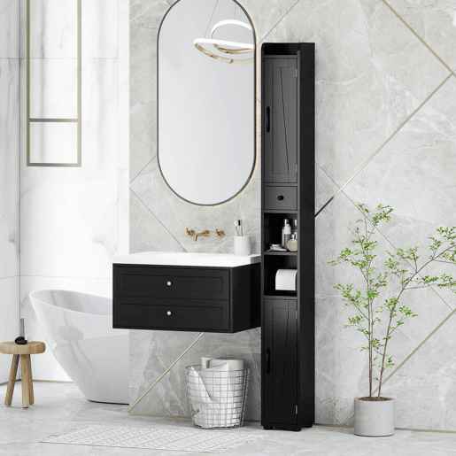 HOMCOM Coluna Casa de Banho Móvel Casa de Banho com 2 Portas gaveta Compartimento Aberto Prateleiras Ajustáveis e Suporte para Papel Higiênico Armário Casa de Banho Rústico 20x20x185 cm Preto