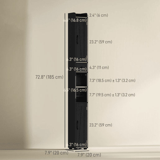 HOMCOM Coluna Casa de Banho Móvel Casa de Banho com 2 Portas gaveta Compartimento Aberto Prateleiras Ajustáveis e Suporte para Papel Higiênico Armário Casa de Banho Rústico 20x20x185 cm Preto