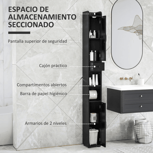 HOMCOM Coluna Casa de Banho Móvel Casa de Banho com 2 Portas gaveta Compartimento Aberto Prateleiras Ajustáveis e Suporte para Papel Higiênico Armário Casa de Banho Rústico 20x20x185 cm Preto