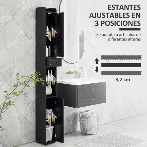 HOMCOM Coluna Casa de Banho Móvel Casa de Banho com 2 Portas gaveta Compartimento Aberto Prateleiras Ajustáveis e Suporte para Papel Higiênico Armário Casa de Banho Rústico 20x20x185 cm Preto