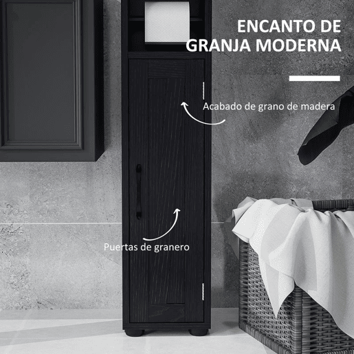 HOMCOM Coluna Casa de Banho Móvel Casa de Banho com 2 Portas gaveta Compartimento Aberto Prateleiras Ajustáveis e Suporte para Papel Higiênico Armário Casa de Banho Rústico 20x20x185 cm Preto