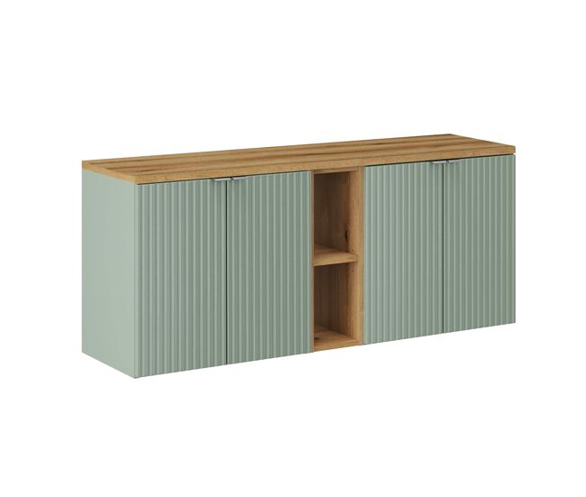 Mueble bajo lavabo 140cm 4 puertas 2 compartimientos verde jade y madera