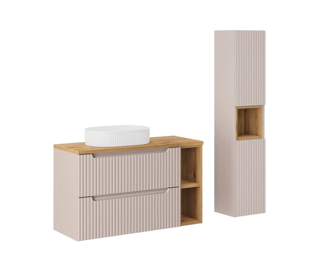 Conjunto mueble lavabo individual 100cm 2 cajones 2 compartimientos y columna riva cachemira y madera