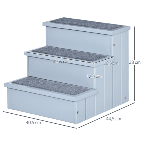 PawHut Escada para Animais de Estimação com 3 Degraus Espaço de Armazenamento e Tapete Antiderrapante Portátil Carga Máxima 30 kg 40,5x44,5x38 cm Cinza