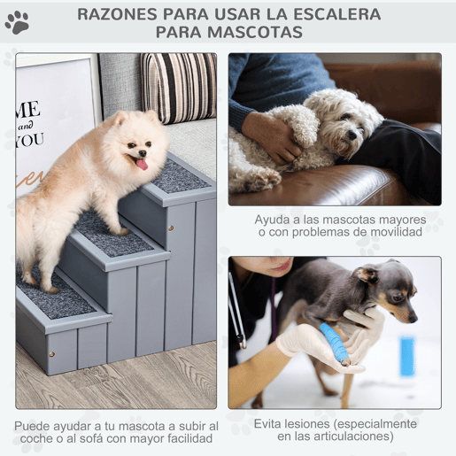 PawHut Escada para Animais de Estimação com 3 Degraus Espaço de Armazenamento e Tapete Antiderrapante Portátil Carga Máxima 30 kg 40,5x44,5x38 cm Cinza