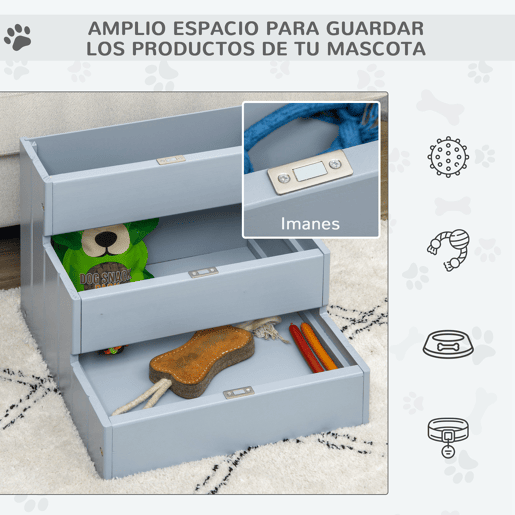 PawHut Escada para Animais de Estimação com 3 Degraus Espaço de Armazenamento e Tapete Antiderrapante Portátil Carga Máxima 30 kg 40,5x44,5x38 cm Cinza