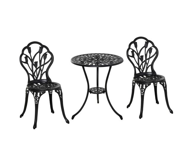 Outsunny conjunto de mesa y sillas de terraza exterior de aluminio de 3 piezas muebles de jardín con respaldo con patrón de tulipán y mesa con