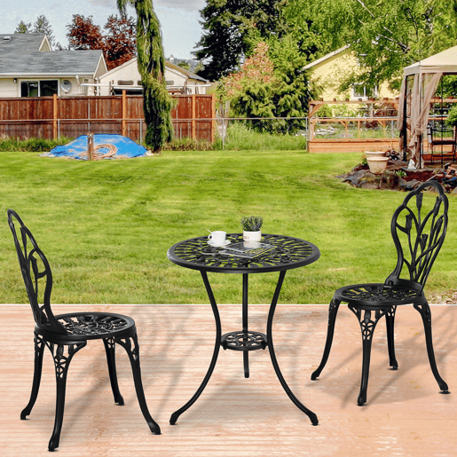 Outsunny Conjunto de Mesa e Cadeiras de Exterior de 3 Peças Móveis de Jardim de Alumínio com Encosto com Padrão de Tulipa e Mesa com Orifício para Chapéu de Sol Preto