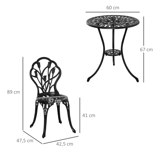 Outsunny Conjunto de Mesa e Cadeiras de Exterior de 3 Peças Móveis de Jardim de Alumínio com Encosto com Padrão de Tulipa e Mesa com Orifício para Chapéu de Sol Preto