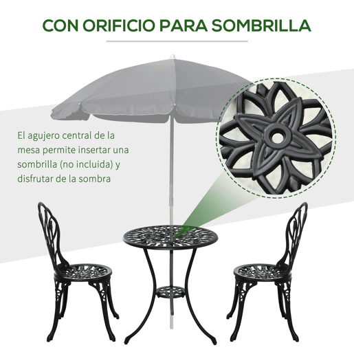 Outsunny Conjunto de Mesa e Cadeiras de Exterior de 3 Peças Móveis de Jardim de Alumínio com Encosto com Padrão de Tulipa e Mesa com Orifício para Chapéu de Sol Preto
