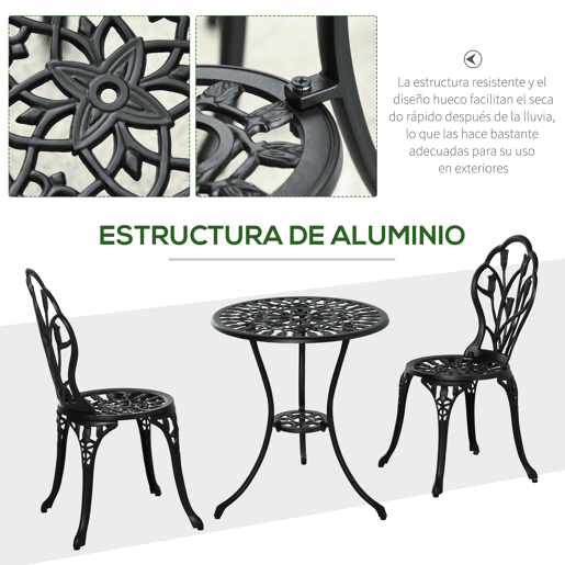 Outsunny Conjunto de Mesa e Cadeiras de Exterior de 3 Peças Móveis de Jardim de Alumínio com Encosto com Padrão de Tulipa e Mesa com Orifício para Chapéu de Sol Preto
